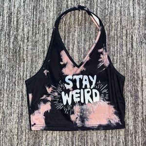 Romwe Women’s Size Small V Neck Halter Top Black Pink Tie Dye Ribbed Shirt